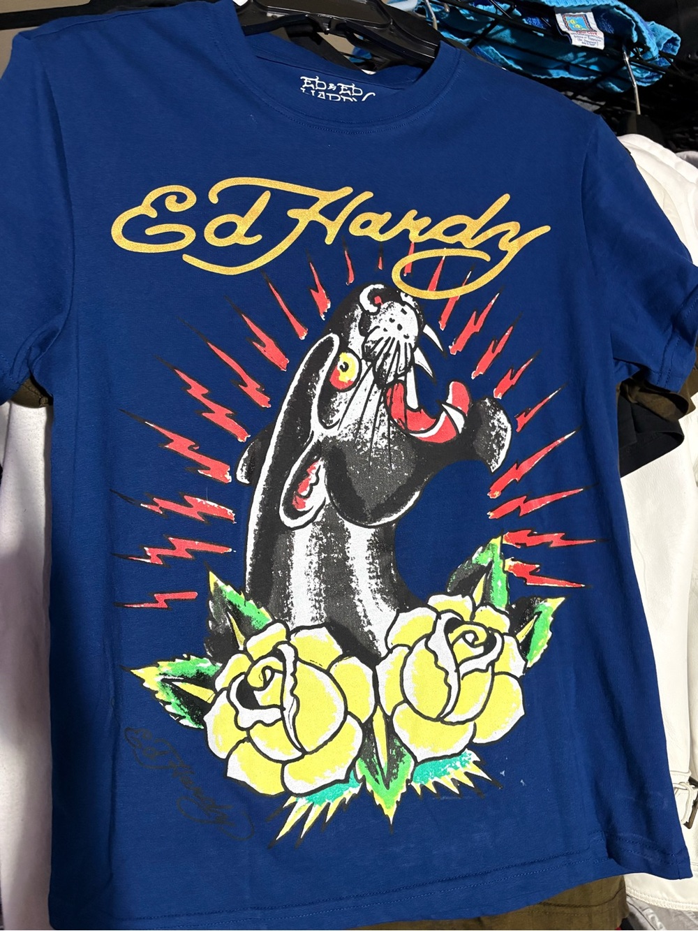 Ed Hardy Royal Blue Kids Tee with Black Panther and Yellow Roses